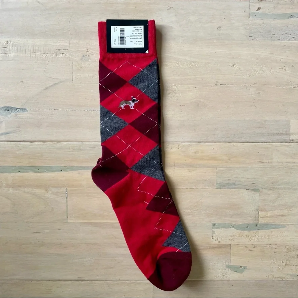 NWT Banana Republic Red and Gray Argyle Men’s Dress Socks with Dog Motif